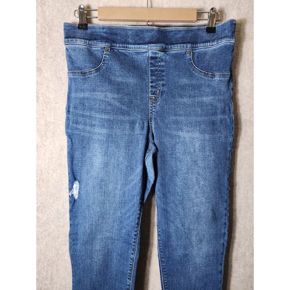 SPANX Blue Distressed Pull On Ankle Skinny Jeans Raw Fray Hem SZ XL - Picture 3 of 10